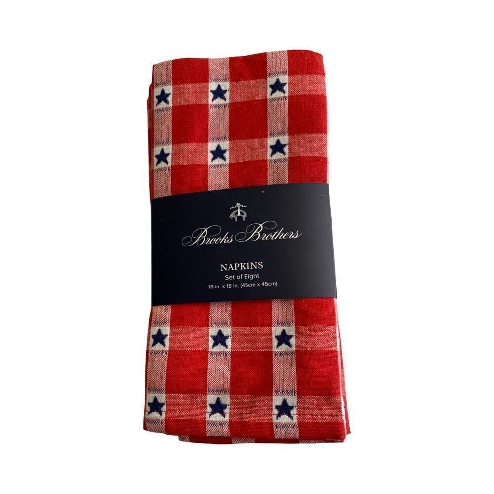 Brooks Brothers Red White Stars Fabric Cloth Napkins Set of 8 Patriotic Plaid
